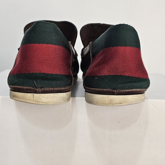 GUCCI BROWN LEATHER SLIP ON LOAFERS WITH GREEN + RED RIBBON HEEL SIZE-9, EUR-42 - Picture 5 of 11